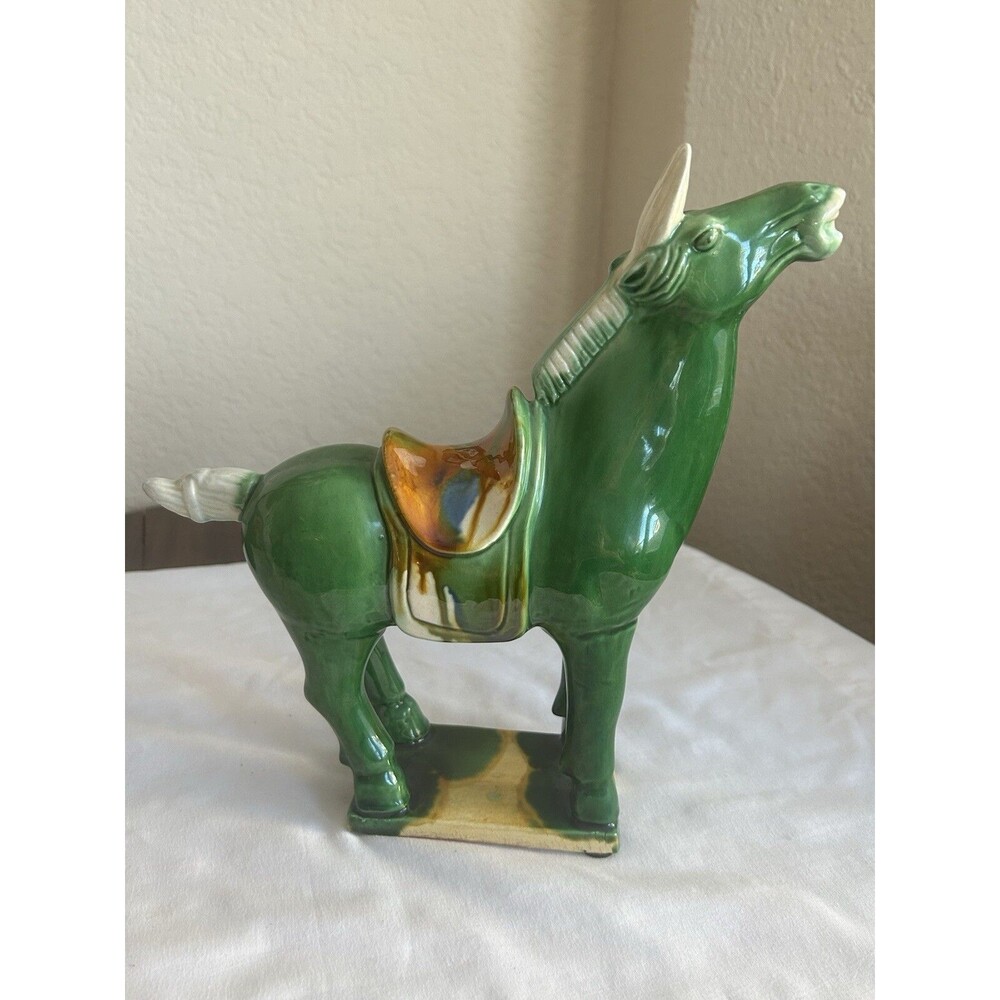 Tang Dynasty Style Sancai Green Drip Glaze 10" War Horse Statue Figurine